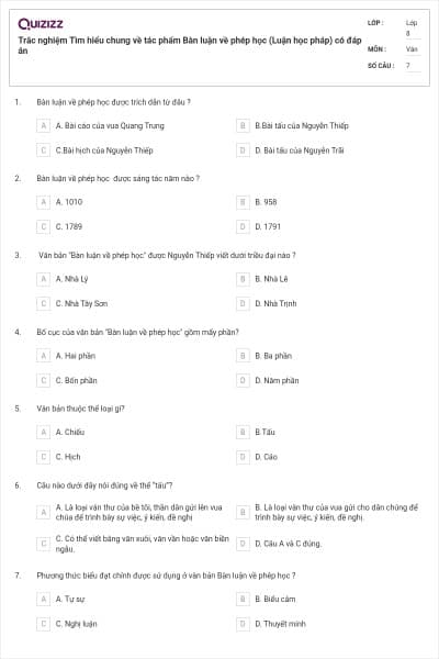 Trắc nghiệm Tìm hiểu chung về tác phẩm Bàn luận về phép học (Luận học pháp) có đáp án