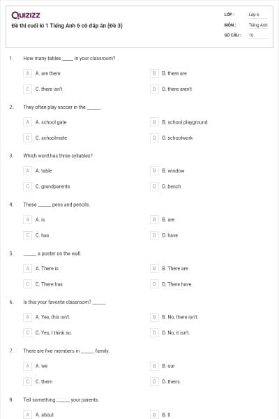 Đề thi cuối kì 1 Tiếng Anh 6 có đáp án (Đề 3)