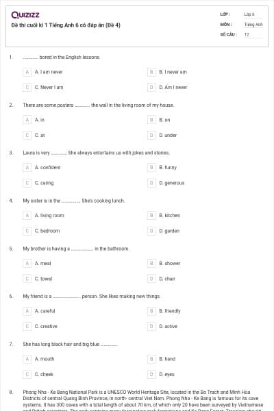 Đề thi cuối kì 1 Tiếng Anh 6 có đáp án (Đề 4)