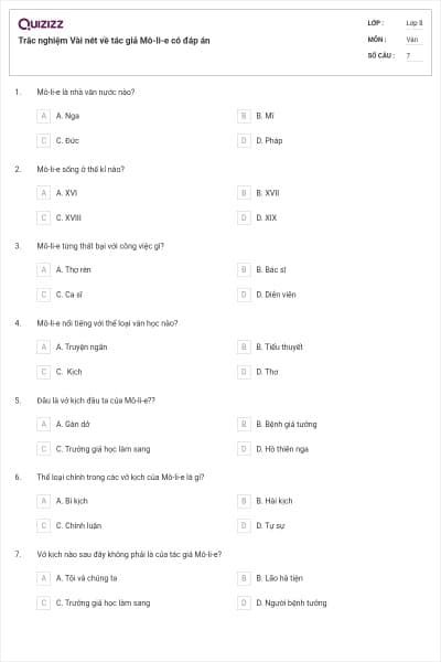 Trắc nghiệm Vài nét về tác giả Mô-li-e có đáp án