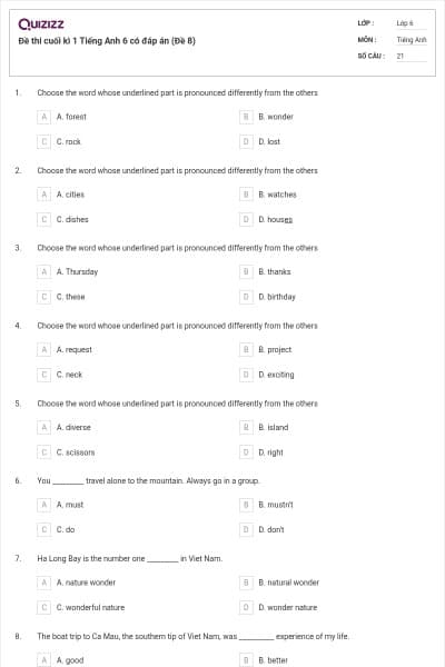 Đề thi cuối kì 1 Tiếng Anh 6 có đáp án (Đề 8)