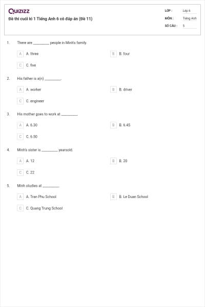 Đề thi cuối kì 1 Tiếng Anh 6 có đáp án (Đề 11)