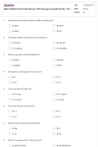 [Năm 2022] Đề thi thử môn Hóa học THPT Quốc gia có lời giải (20 đề) - Đề 1