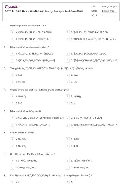 ĐGTD ĐH Bách khoa - Vấn đề thuộc lĩnh vực hóa học - Acid-Base-Muối