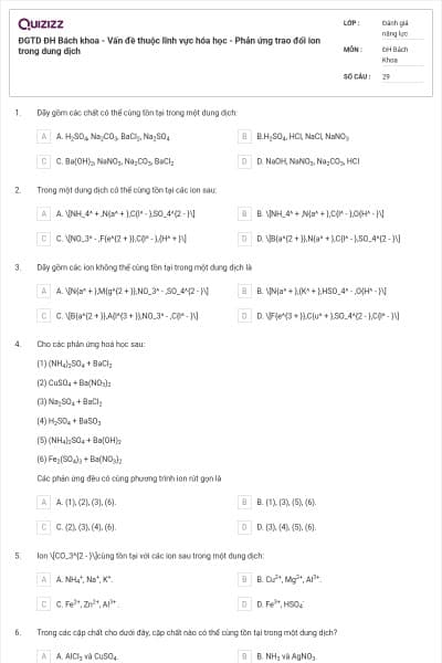 ĐGTD ĐH Bách khoa - Vấn đề thuộc lĩnh vực hóa học - Phản ứng trao đổi ion trong dung dịch
