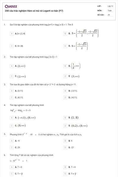 200 câu trắc nghiệm Hàm số mũ và Logarit cơ bản (P7)