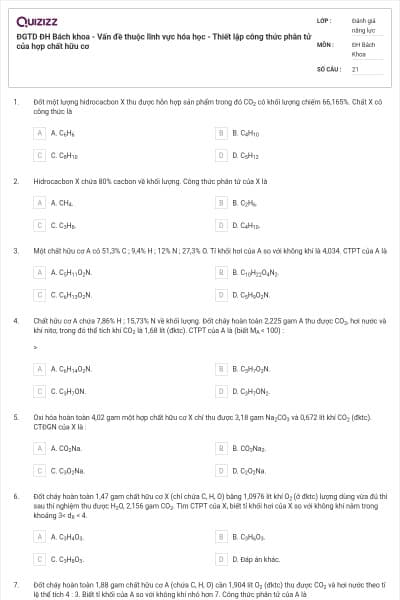 ĐGTD ĐH Bách khoa - Vấn đề thuộc lĩnh vực hóa học - Thiết lập công thức phân tử của hợp chất hữu cơ