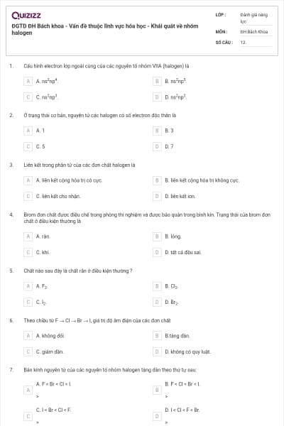 ĐGTD ĐH Bách khoa - Vấn đề thuộc lĩnh vực hóa học - Khái quát về nhóm halogen