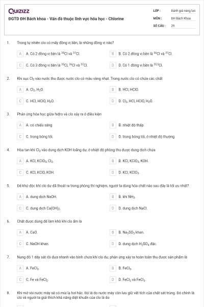 ĐGTD ĐH Bách khoa - Vấn đề thuộc lĩnh vực hóa học - Chlorine