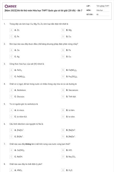 [Năm 2022] Đề thi thử môn Hóa học THPT Quốc gia có lời giải (20 đề) - Đề 7