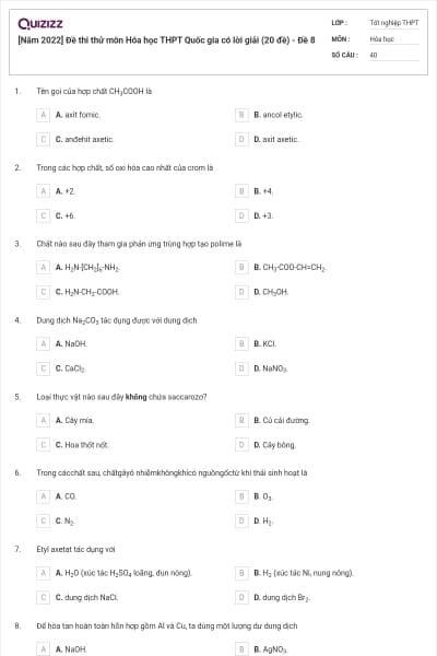 [Năm 2022] Đề thi thử môn Hóa học THPT Quốc gia có lời giải (20 đề) - Đề 8