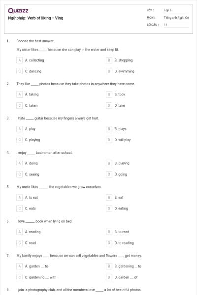 Ngữ pháp: Verb of liking + Ving