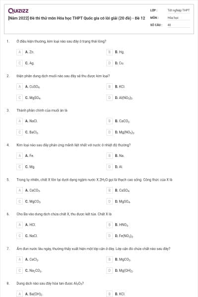 [Năm 2022] Đề thi thử môn Hóa học THPT Quốc gia có lời giải (20 đề) - Đề 12