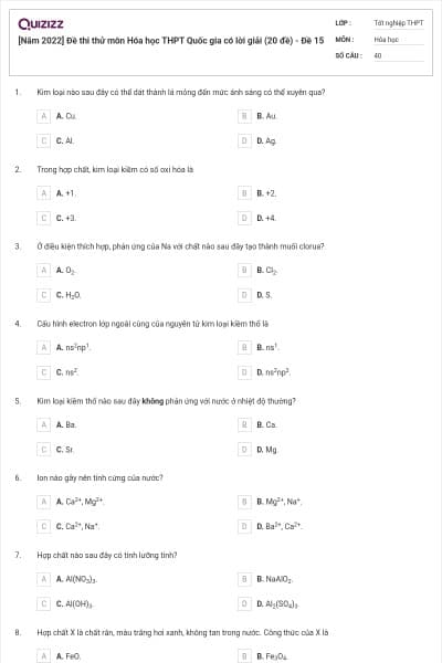[Năm 2022] Đề thi thử môn Hóa học THPT Quốc gia có lời giải (20 đề) - Đề 15