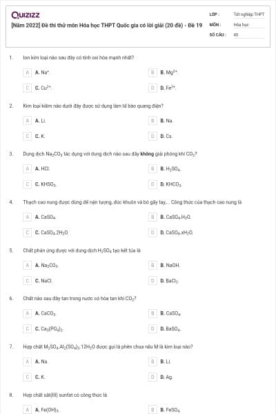 [Năm 2022] Đề thi thử môn Hóa học THPT Quốc gia có lời giải (20 đề) - Đề 19
