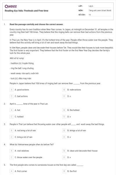 Reading đọc hiểu: Festivals and Free time