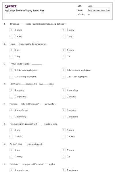 Ngữ pháp: Từ chỉ số lượng Some/ Any