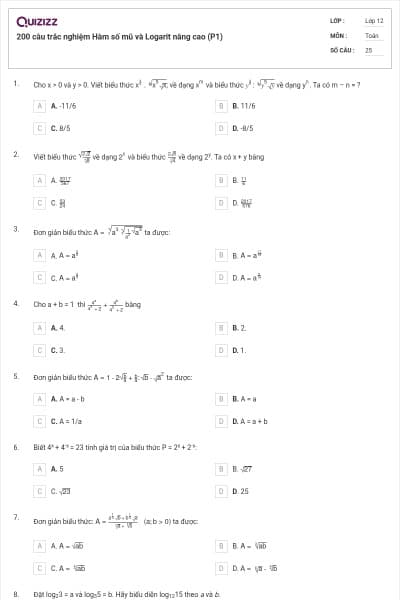 200 câu trắc nghiệm Hàm số mũ và Logarit nâng cao (P1)