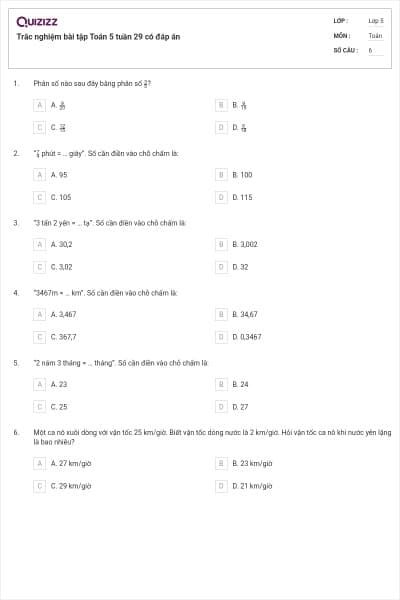 Trắc nghiệm bài tập Toán 5 tuần 29 có đáp án