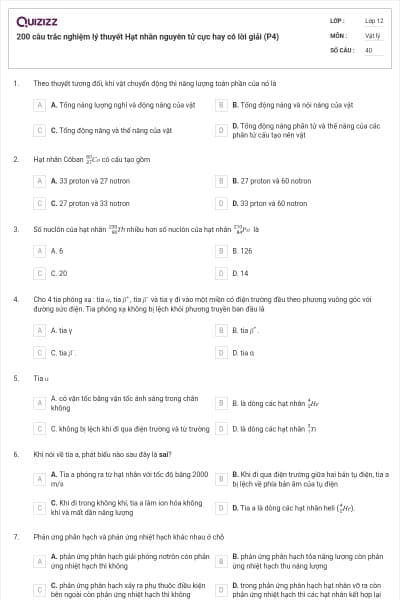 200 câu trắc nghiệm lý thuyết Hạt nhân nguyên tử cực hay có lời giải (P4)