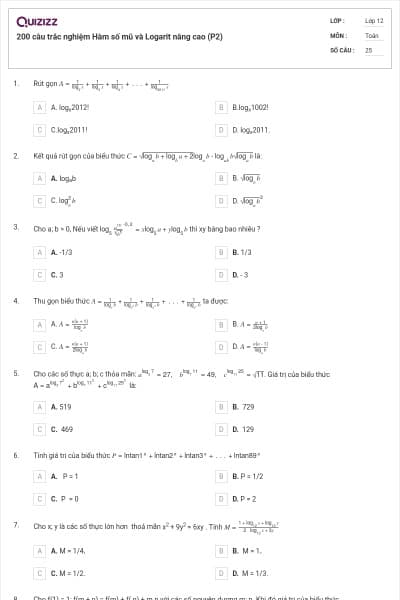 200 câu trắc nghiệm Hàm số mũ và Logarit nâng cao (P2)