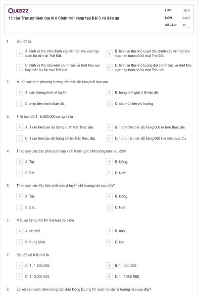 15 câu Trắc nghiệm Địa lý 6 Chân trời sáng tạo Bài 3 có đáp án