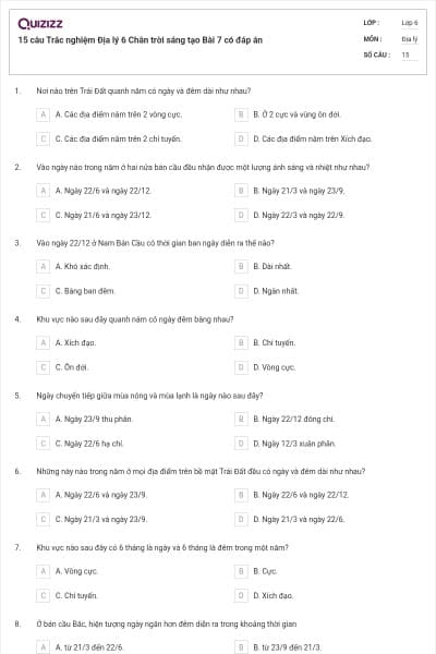 15 câu Trắc nghiệm Địa lý 6 Chân trời sáng tạo Bài 7 có đáp án