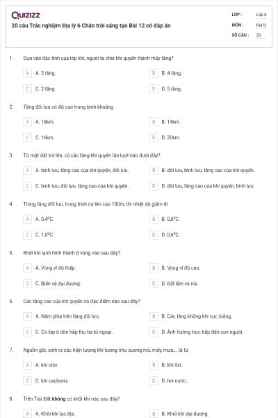 20 câu Trắc nghiệm Địa lý 6 Chân trời sáng tạo Bài 12 có đáp án
