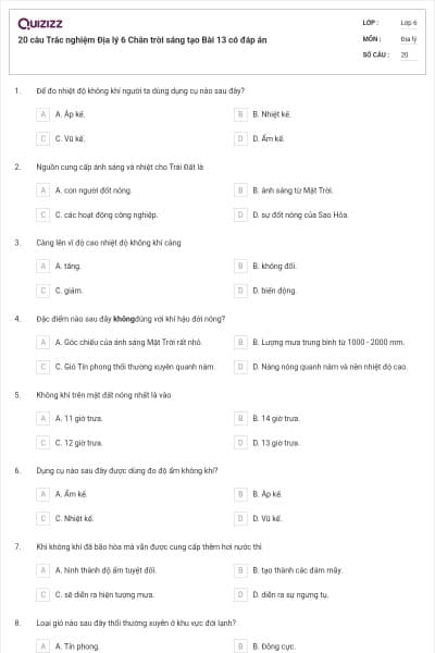 20 câu Trắc nghiệm Địa lý 6 Chân trời sáng tạo Bài 13 có đáp án