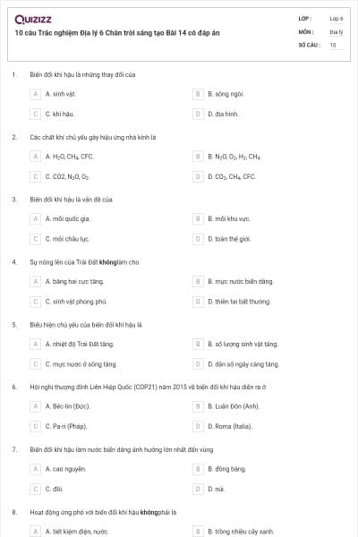 10 câu Trắc nghiệm Địa lý 6 Chân trời sáng tạo Bài 14 có đáp án