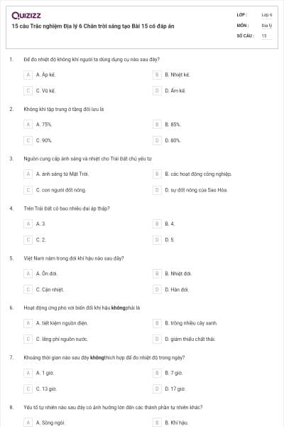 15 câu Trắc nghiệm Địa lý 6 Chân trời sáng tạo Bài 15 có đáp án