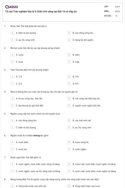 10 câu Trắc nghiệm Địa lý 6 Chân trời sáng tạo Bài 16 có đáp án