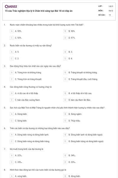 15 câu Trắc nghiệm Địa lý 6 Chân trời sáng tạo Bài 18 có đáp án