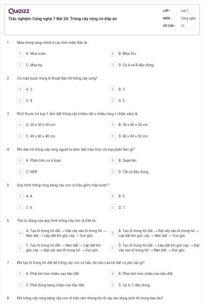 Trắc nghiệm Công nghệ 7 Bài 26: Trồng cây rừng có đáp án