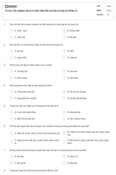 10 câu Trắc nghiệm Địa lý 6 Cánh diều Bài mở đầu có đáp án (Phần 2)