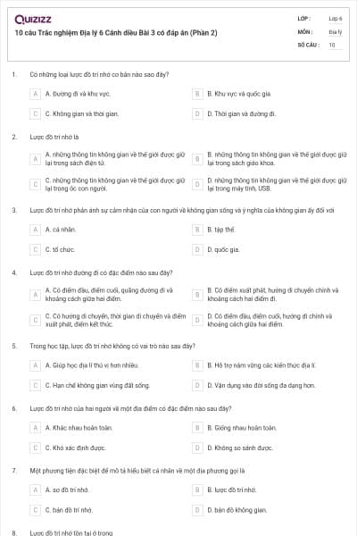 10 câu Trắc nghiệm Địa lý 6 Cánh diều Bài 3 có đáp án (Phần 2)