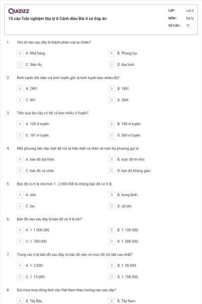 15 câu Trắc nghiệm Địa lý 6 Cánh diều Bài 4 có đáp án