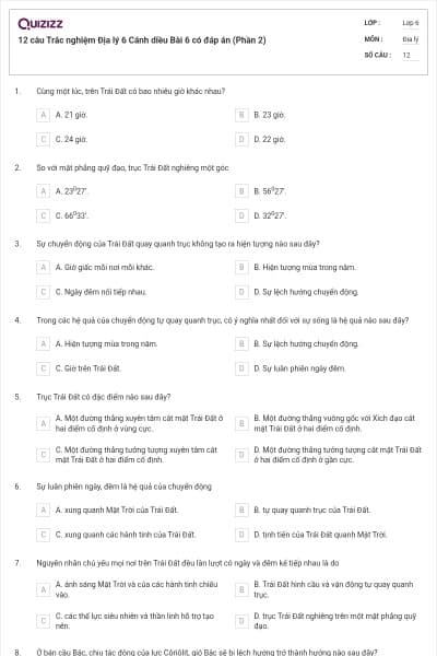 12 câu Trắc nghiệm Địa lý 6 Cánh diều Bài 6 có đáp án (Phần 2)