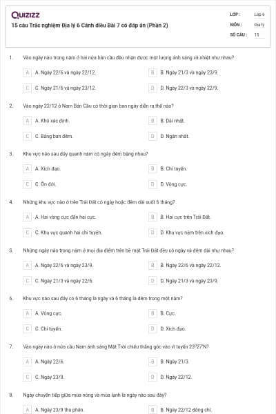 15 câu Trắc nghiệm Địa lý 6 Cánh diều Bài 7 có đáp án (Phần 2)