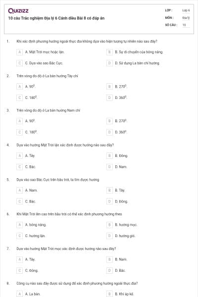 10 câu Trắc nghiệm Địa lý 6 Cánh diều Bài 8 có đáp án