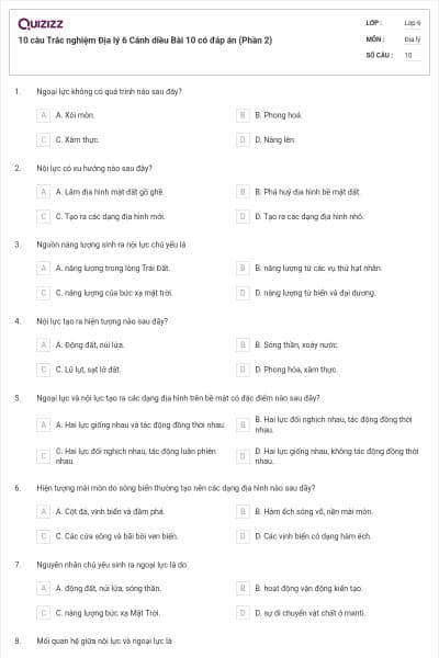 10 câu Trắc nghiệm Địa lý 6 Cánh diều Bài 10 có đáp án (Phần 2)