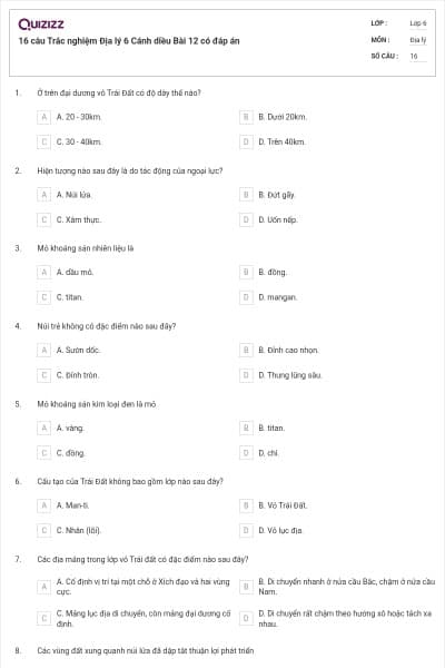 16 câu Trắc nghiệm Địa lý 6 Cánh diều Bài 12 có đáp án