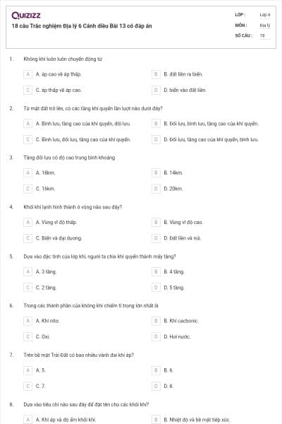 18 câu Trắc nghiệm Địa lý 6 Cánh diều Bài 13 có đáp án