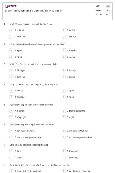 17 câu Trắc nghiệm Địa lý 6 Cánh diều Bài 14 có đáp án