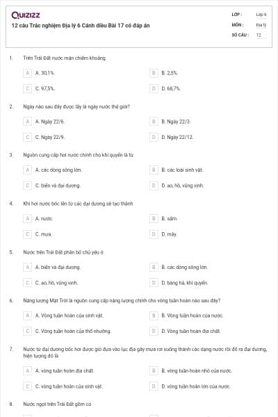 12 câu Trắc nghiệm Địa lý 6 Cánh diều Bài 17 có đáp án