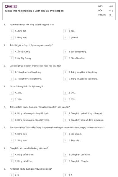 12 câu Trắc nghiệm Địa lý 6 Cánh diều Bài 19 có đáp án