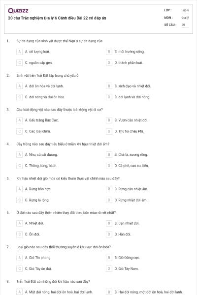 20 câu Trắc nghiệm Địa lý 6 Cánh diều Bài 22 có đáp án
