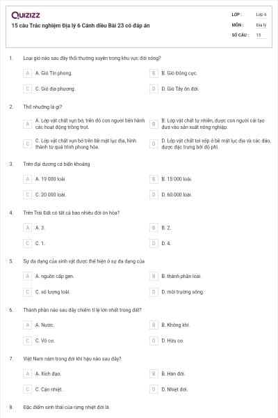 15 câu Trắc nghiệm Địa lý 6 Cánh diều Bài 23 có đáp án