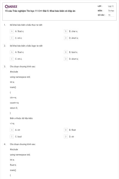 15 câu  Trắc nghiệm Tin học 11 C++ Bài 5: Khai báo biến có đáp án