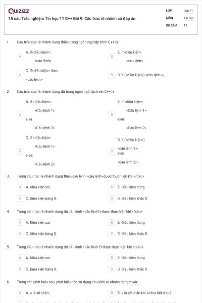 15 câu  Trắc nghiệm Tin học 11 C++ Bài 9: Cấu trúc rẽ nhánh có đáp án